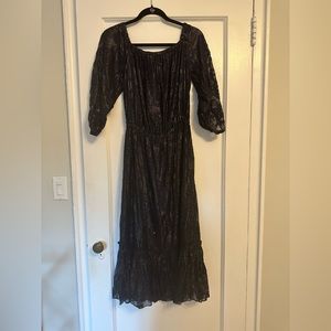 NWT Navy Metallic Off-The-Shoulder Dhara Midi Dress, Shoshanna, size 6